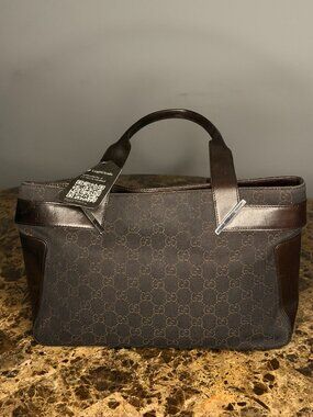 Gucci GG Monogram Brown Canvas & Leather Top Handle Handbag